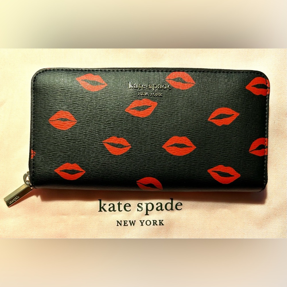 Kate Spade Spencer Kisses Zip-Around Continental Wallet/Black & Red